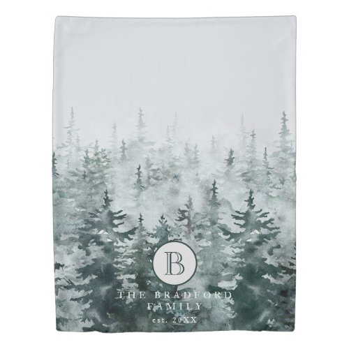 Modern Winter Rustic Watercolor Greenery Monogram Duvet Cover