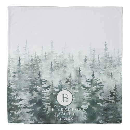 Modern Winter Rustic Watercolor Greenery Monogram  Duvet Cover