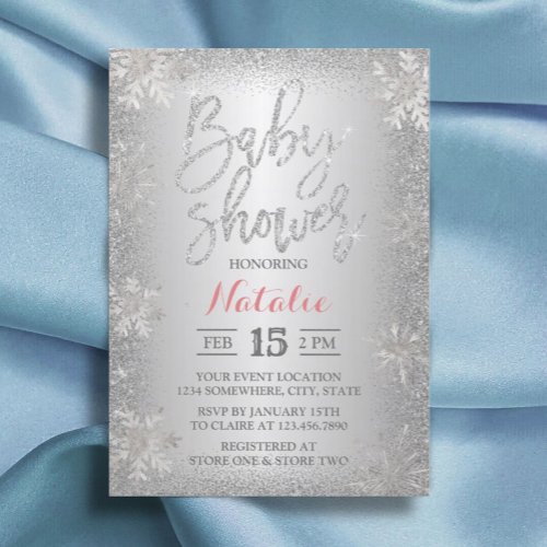 Modern Winter Silver Snowflake Baby Shower Invitation