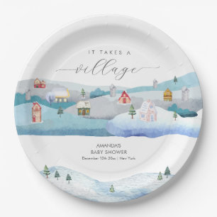 Modern Winter Snow It Takes A Village Baby Shower Paper Plates