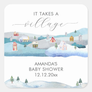 Modern Winter Snow It Takes A Village Baby Shower Square Sticker