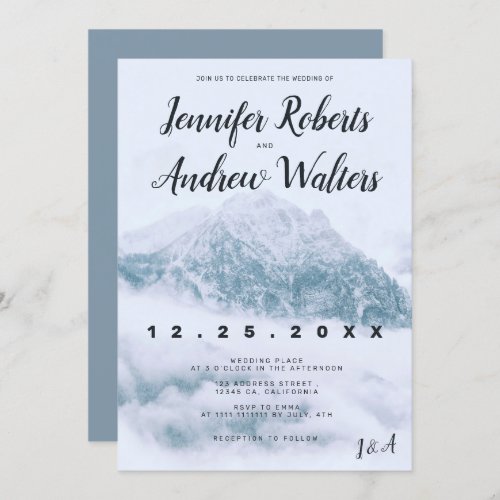 Modern winter snow moutain forest photo wedding invitation