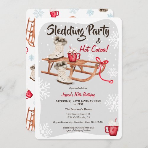 Modern winter snow sledding hot cocoa birthday invitation