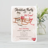 Modern winter snow sledding hot cocoa birthday invitation (Standing Front)