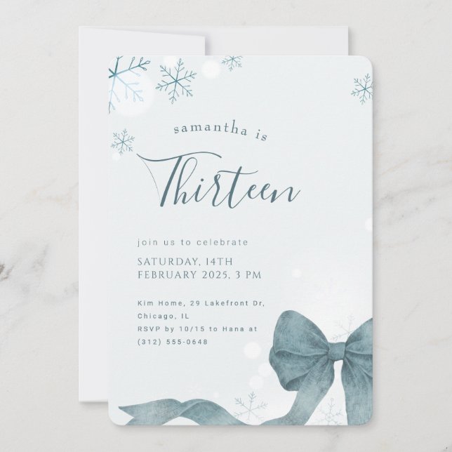 Modern Winter Snowflake Bow 13th Birthday Party Invitation (Front)