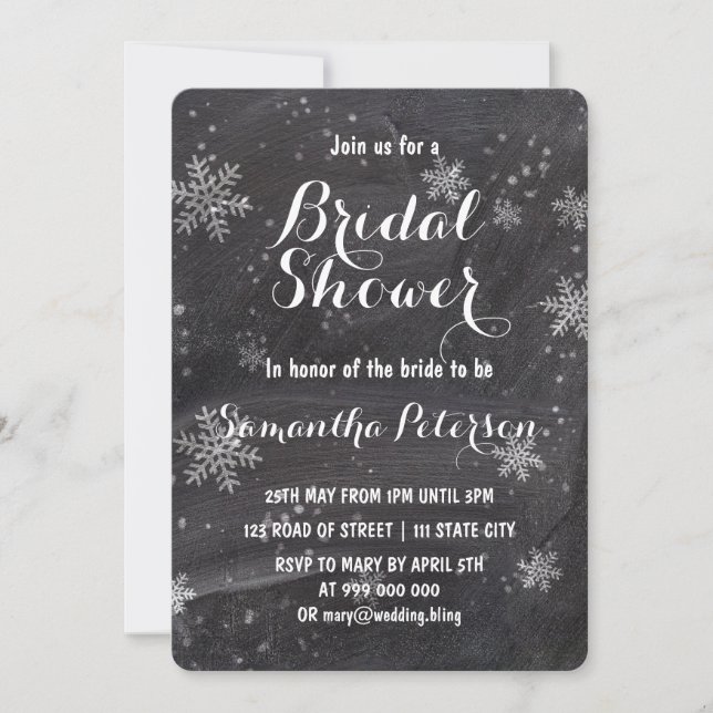 Modern winter snowflakes chalkboard bridal shower invitation (Front)