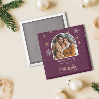 Modern Winter Snowflakes Photo Burgundy Christmas Magnet