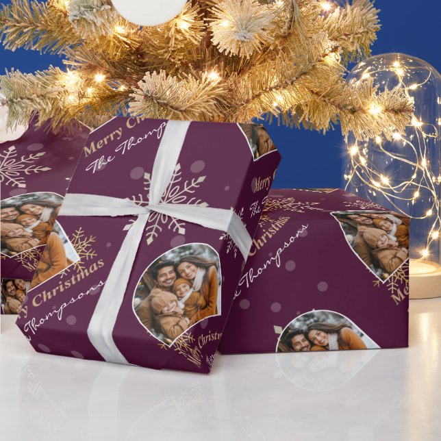 Modern Winter Snowflakes Photo Burgundy Christmas Wrapping Paper (Holidays)