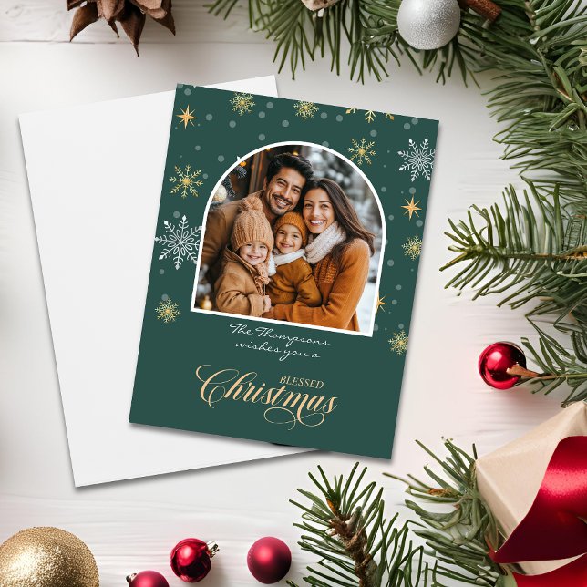 Modern Winter Snowflakes Photo Green Christmas Card (Creator Uploaded)