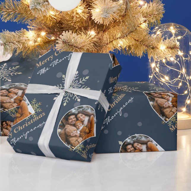 Modern Winter Snowflakes Photo Navy Blue Christmas Wrapping Paper (Holidays)
