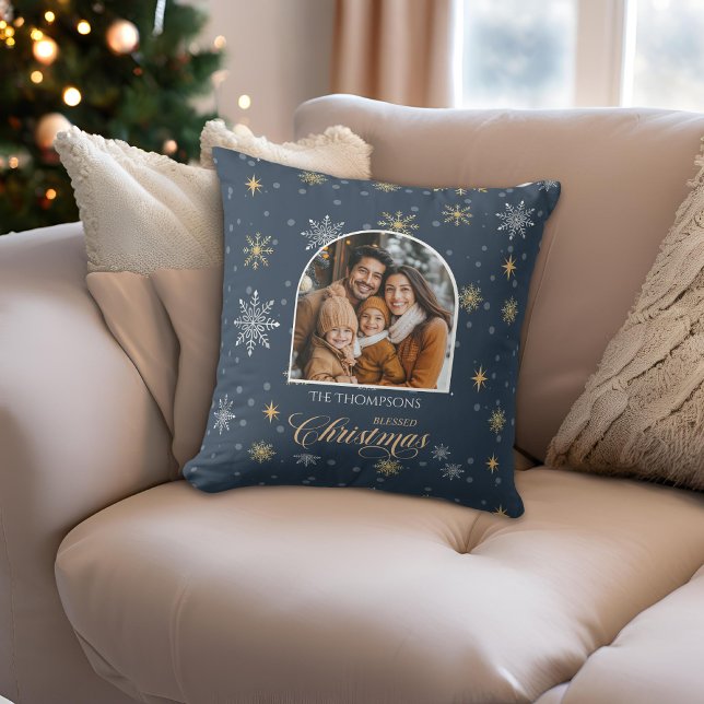 Modern Winter Snowflakes Photo Navy Christmas Throw Pillow (Creator Uploaded)