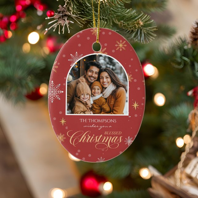 Modern Winter Snowflakes Photo Red Christmas Ceramic Ornament (Creator Uploaded)