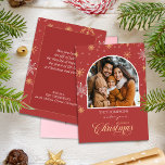 Modern Winter Snowflakes Photo Red Christmas Holiday Card<br><div class="desc">Spread holiday cheer with a custom Photo Modern Holiday Greeting Card. 
Featuring your photo on the front surrounded by winter snowflakes and elegant script Christmas greeting.
Place your photo on the card and write your very own greeting.</div>