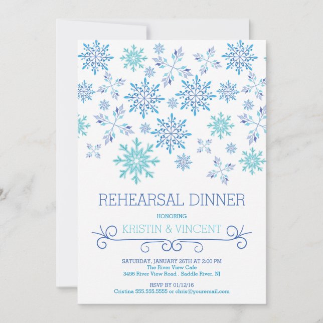 Modern Winter Snowflakes Rehearsal Dinner Party Invitation (Front)