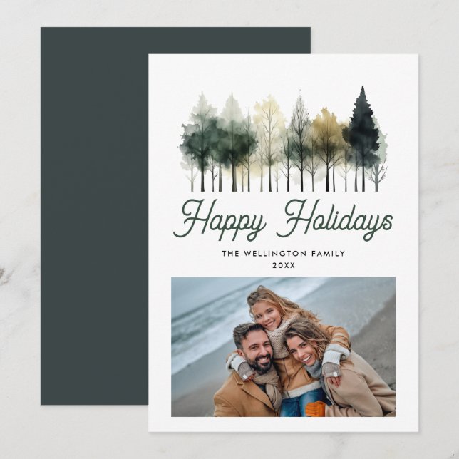 Modern Winter Trees Christmas Photo Holiday Card (Front/Back)