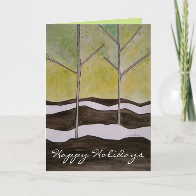 Modern Winter Trees Happy Holiday Card (Front)
