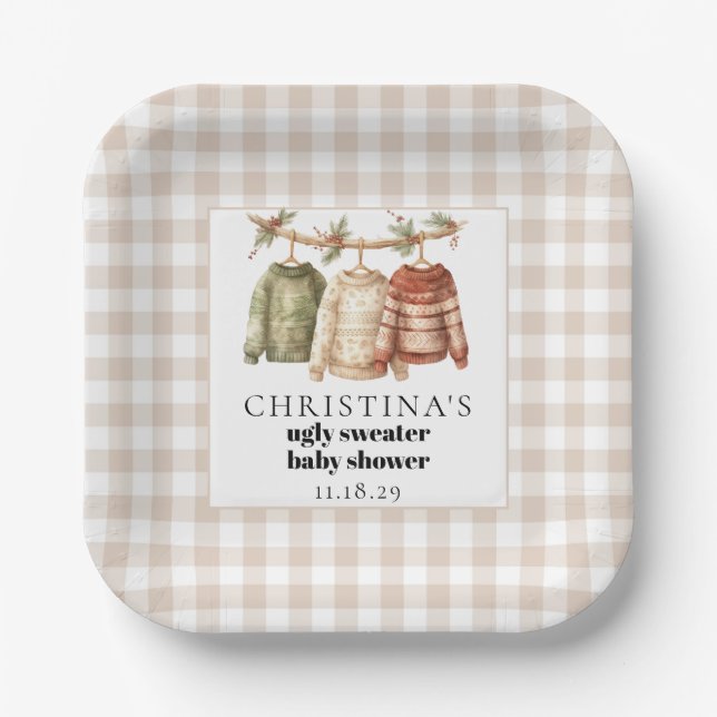 Modern Winter Ugly Sweater Baby Shower Cocktail  Paper Plates (Front)