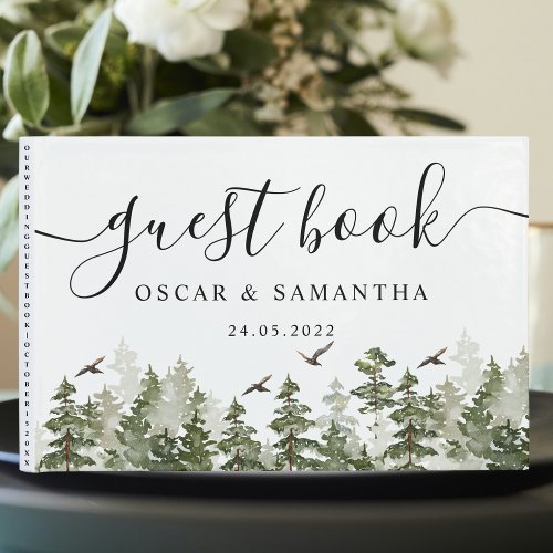 Modern Winter  Watercolor Green Forest With Snow Guest Book