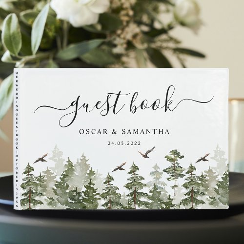 Modern Winter  Watercolor Green Forest With Snow Guest Book