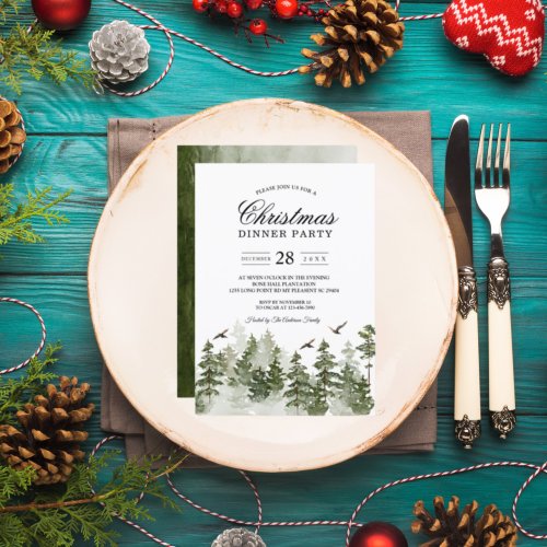 Modern Winter  Watercolor Green Forest With Snow I Invitation