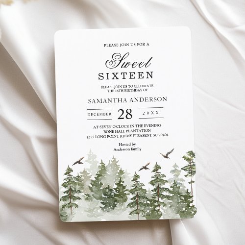 Modern Winter  Watercolor Green Forest With Snow Invitation