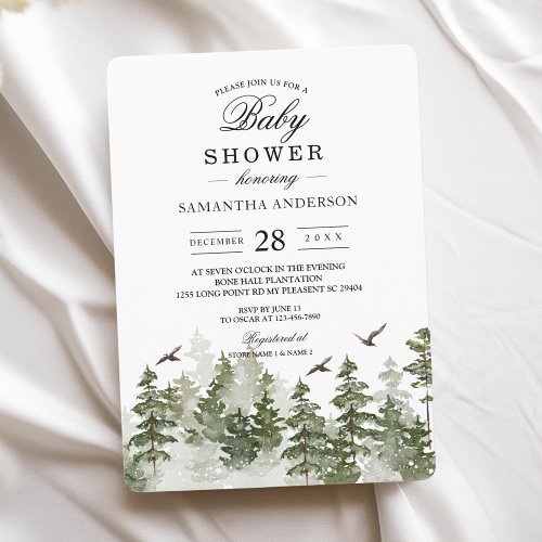 Modern Winter  Watercolor Green Forest With Snow Invitation