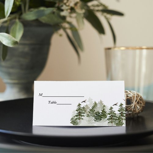 Modern Winter  Watercolor Green Forest With Snow Place Card
