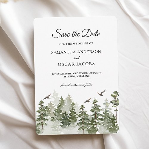 Modern Winter  Watercolor Green Forest With Snow Save The Date
