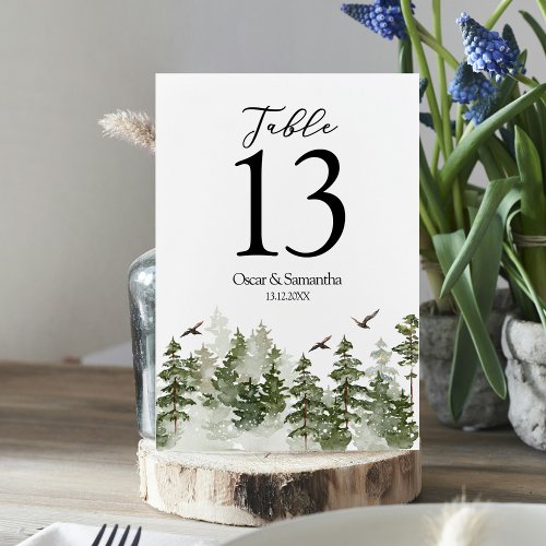 Modern Winter  Watercolor Green Forest With Snow Table Number