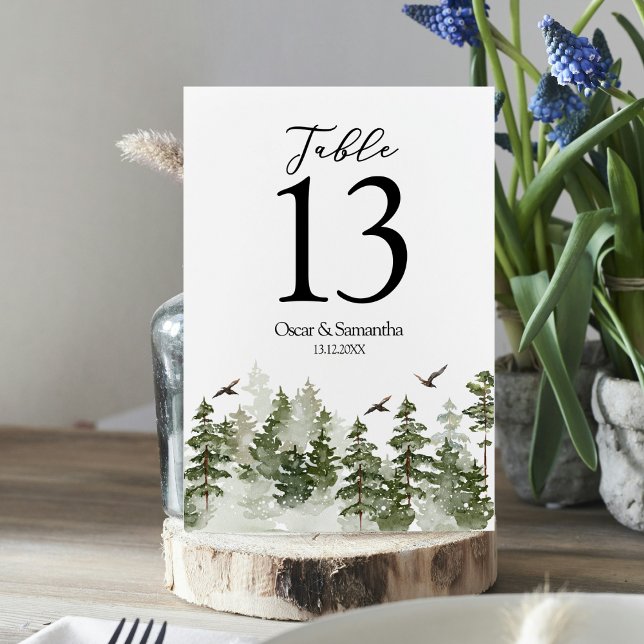 Modern Winter  Watercolor Green Forest With Snow Table Number (Creator Uploaded)