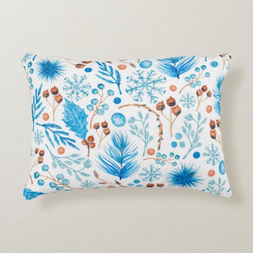 Modern Winter Watercolor Leaves and Berries  Accent Pillow