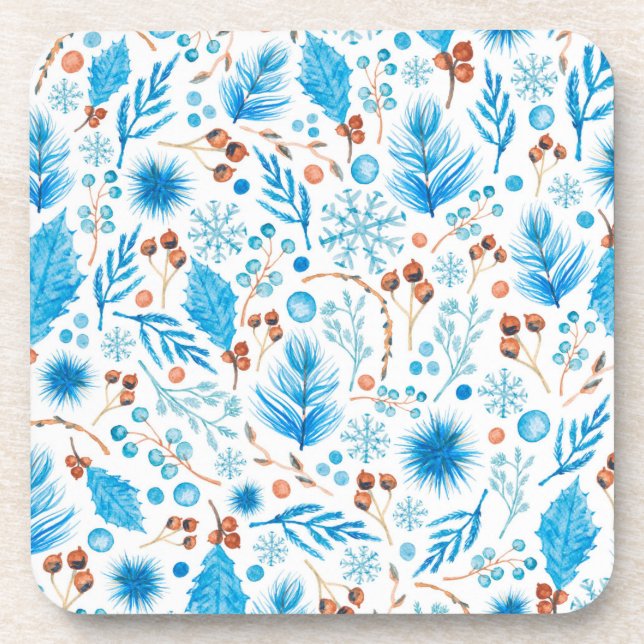 Modern Winter Watercolor Leaves and Berries  Beverage Coaster (Front)
