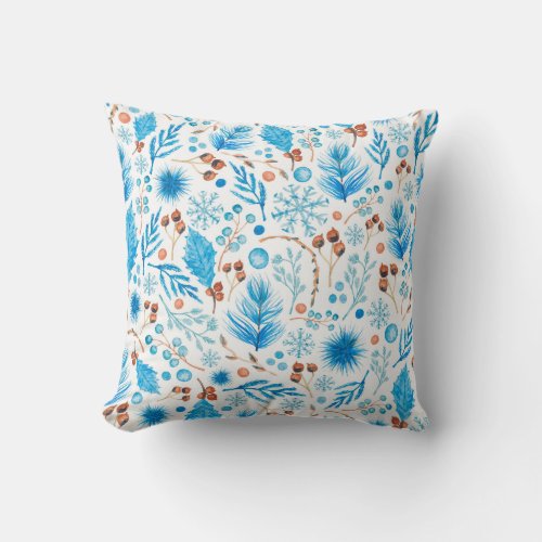 Modern Winter Watercolor Leaves and Berries  Throw Pillow