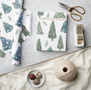 Modern Winter Watercolor Pine Green Tree Christmas Wrapping Paper