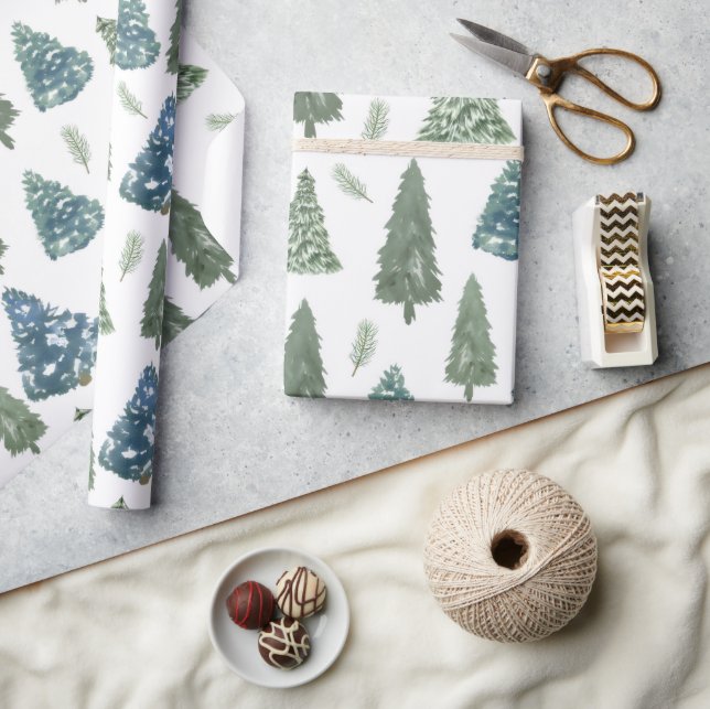 Modern Winter Watercolor Pine Green Tree Christmas Wrapping Paper (Crafts)