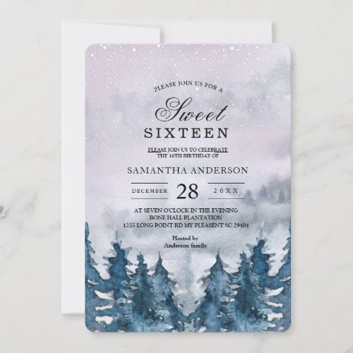 Modern Winter Watercolour Forest Blue Invitation