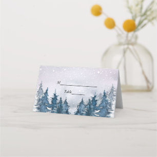 Modern Winter Watercolour Forest Blue Place Card