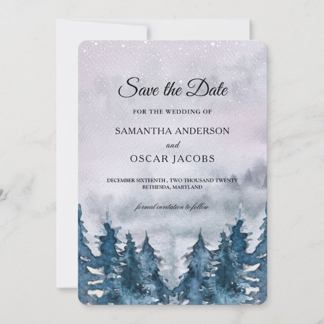 Modern Winter Watercolour Forest Blue Save The Dat Date (Front)