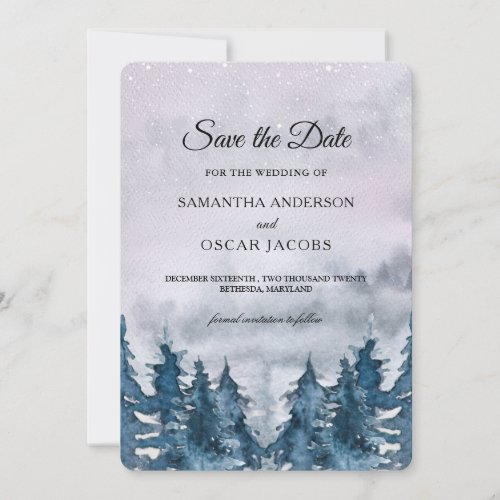 Modern Winter Watercolour Forest Blue Save The Dat Save The Date