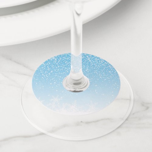 Modern Winter White Snowflakes in Blue  Holiday Wine Glass Tag