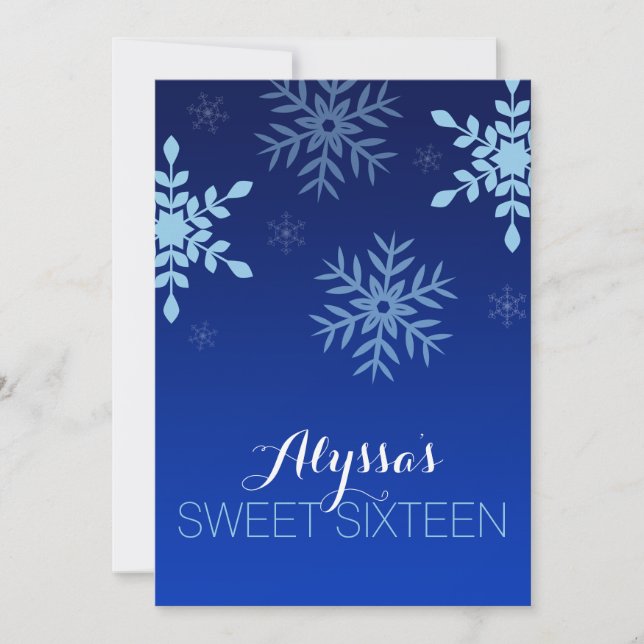 Modern Winter Wonderland Blue Snowflakes Sweet 16 Invitation (Front)