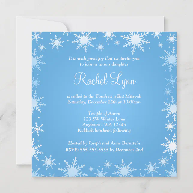 Modern Winter Wonderland Snowflake Bat Mitzvah Invitation | Zazzle