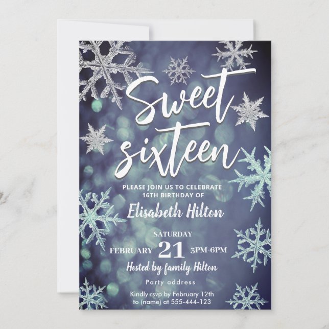 Modern Winter wonderland snowflakes  sweet 16 Invitation (Front)