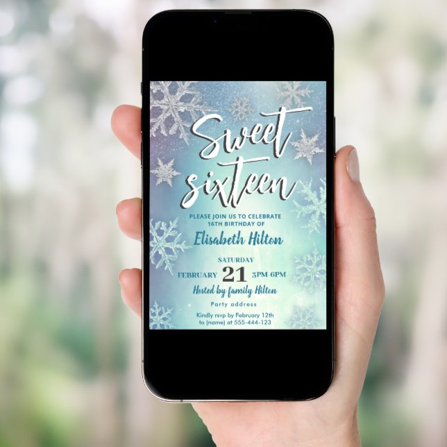 Modern Winter wonderland snowflakes  sweet 16 Invitation (Front Digital)
