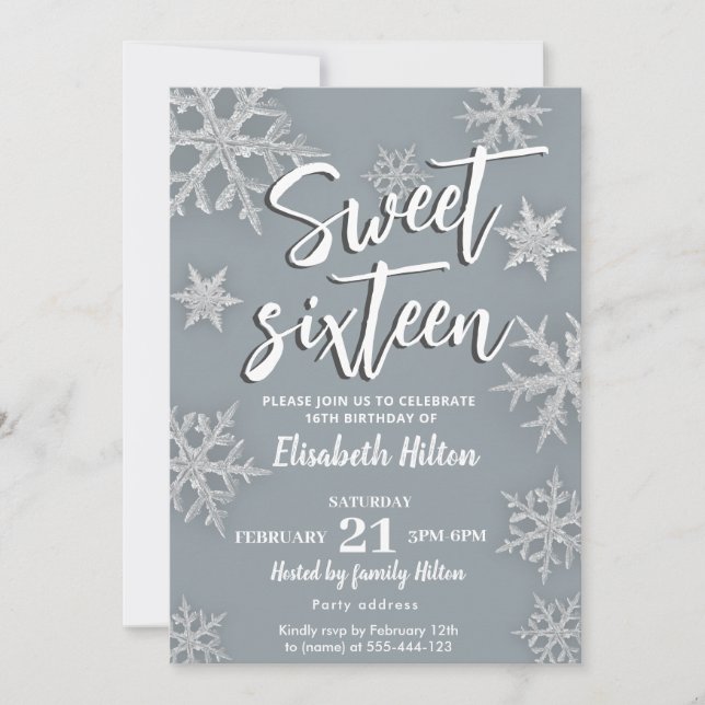 Modern Winter wonderland snowflakes  sweet 16 Invitation (Front)