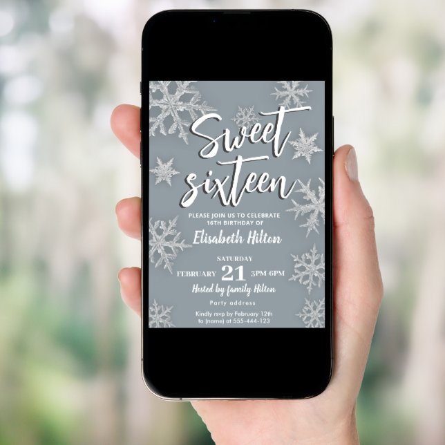 Modern Winter wonderland snowflakes  sweet 16 Invitation (Front Digital)