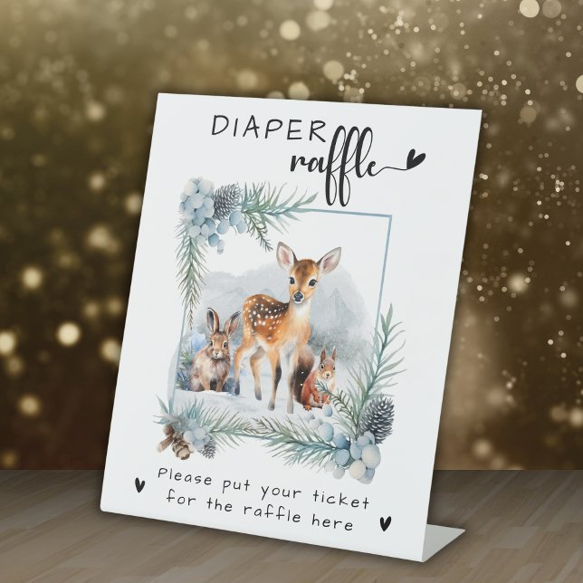 Modern Winter Woodland Animals Diaper Raffle Pedestal Sign (Creator Uploaded)