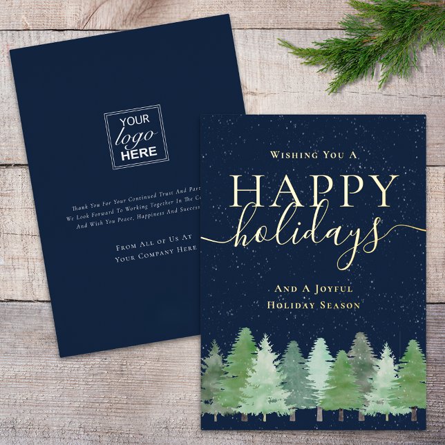 Modern Winter Woodland Business Logo Blue & Gold Foil Holiday Card (Modern elegant happy holidays company logo navy blue and gold foil business holiday card)