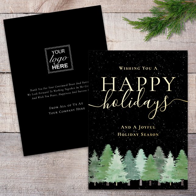 Modern Winter Woodland Company Logo Black & Gold Foil Holiday Card (Modern winter woodland forest company logo happy holidays black and gold foil business holiday card)