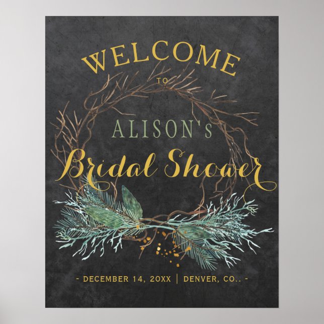 Modern winter wreath bridal shower welcome sign (Front)